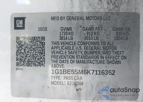 2019 Chevrolet Cruze Lt from USA, damaged, VIN 1G1BE5SM6K7116362